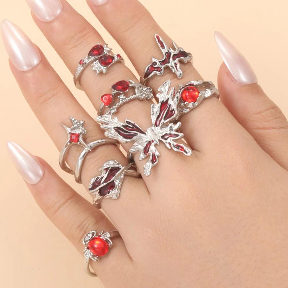 

LATS 8pcs Irregular Red Crystal Heart Aesthetic Rings for Women Y2K Gothic Butterfly Spider Ring Creative Zircon Accessories