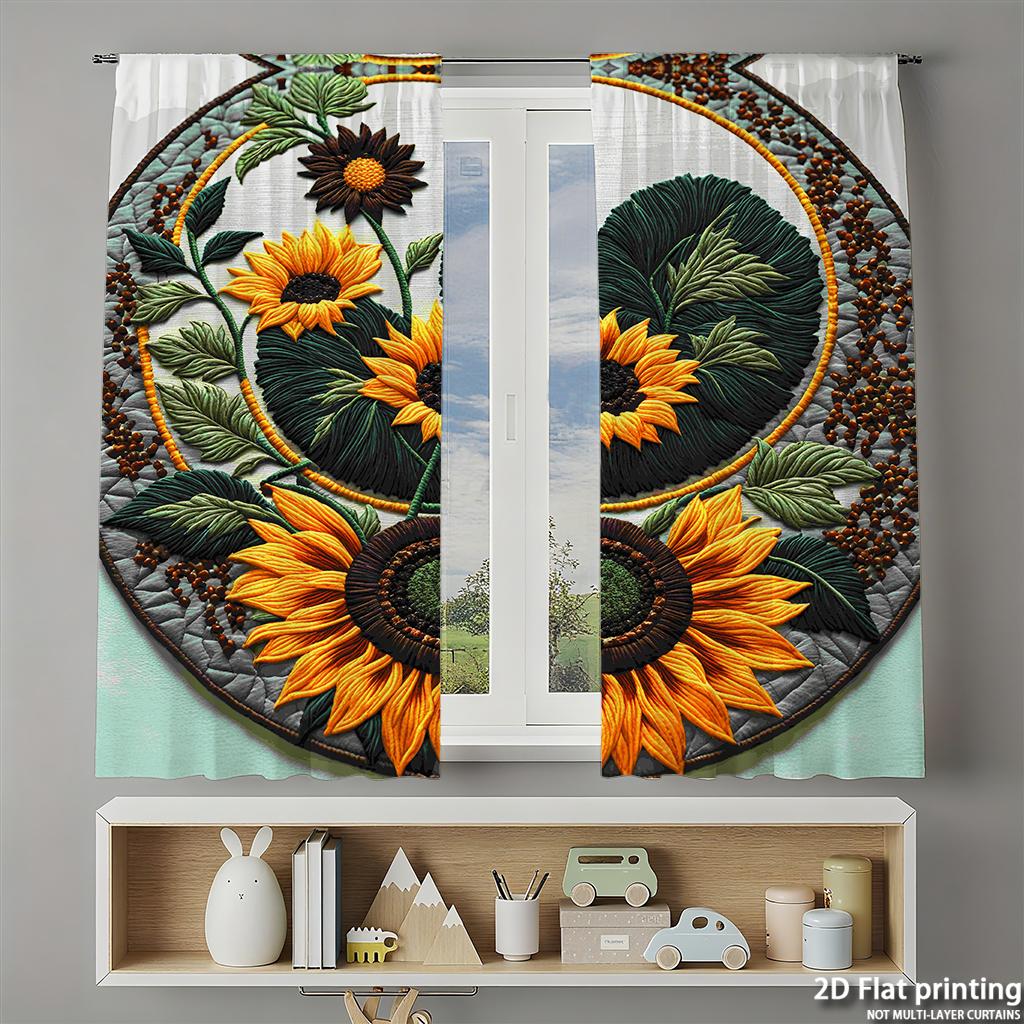 Piece Set High Definition Digital Printed Curtainsround Embroidery Sunflower Yellow Green Curtainhome Decoration Curtain Polyester With Rod Pocket