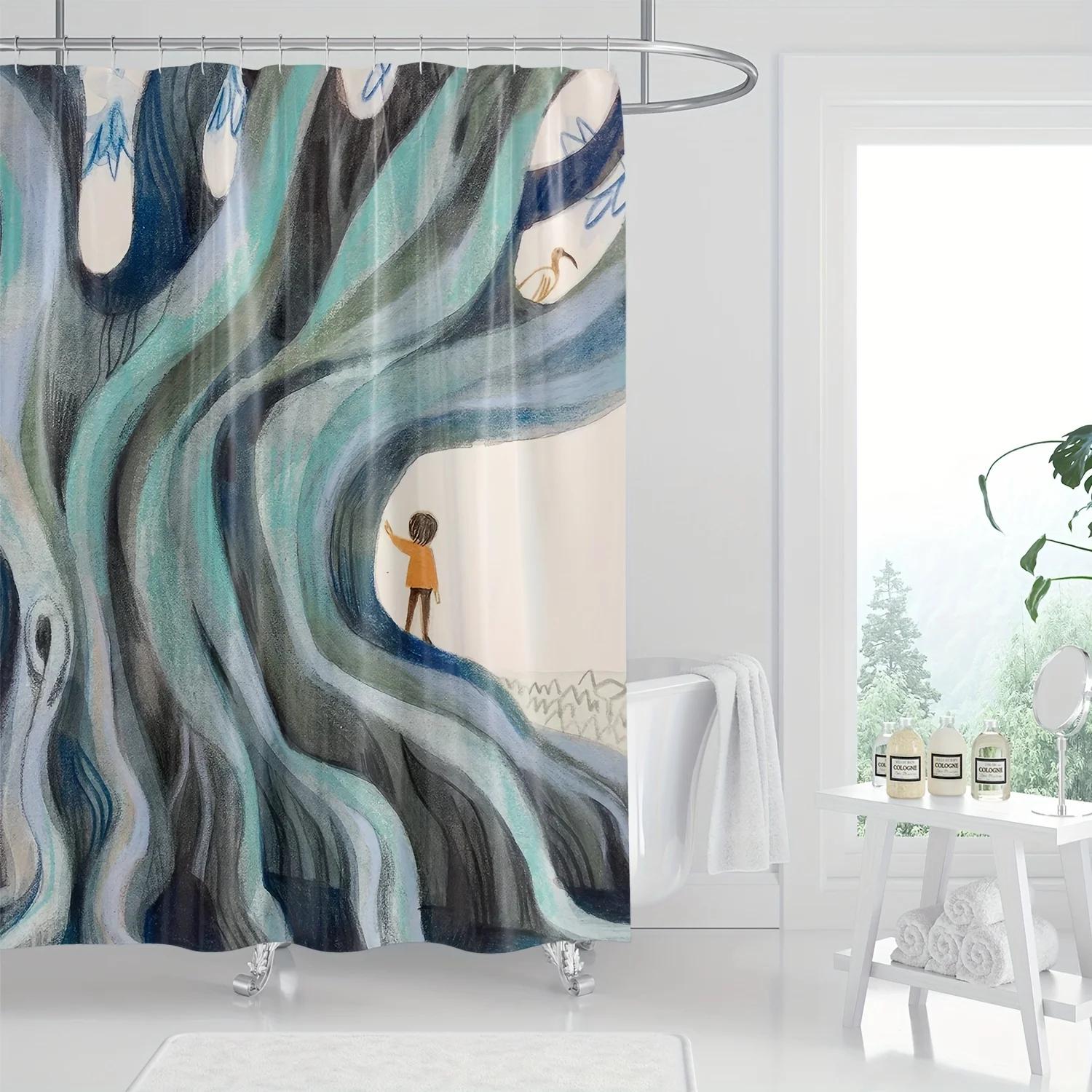 

Nordic Cartoon Artistic Shower Curtain, Digital Print, Machine Washable Polyester,All-Season Bath Privacy & Decor W60H190(CM)-1 Pcs