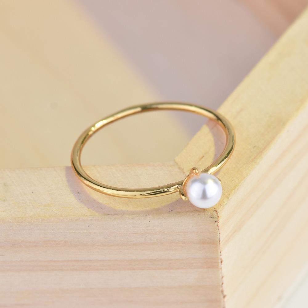18k Gold Plated Mini Pearl Ring for Women Elegant Engagement Wedding Band Stackable Pinky Ring