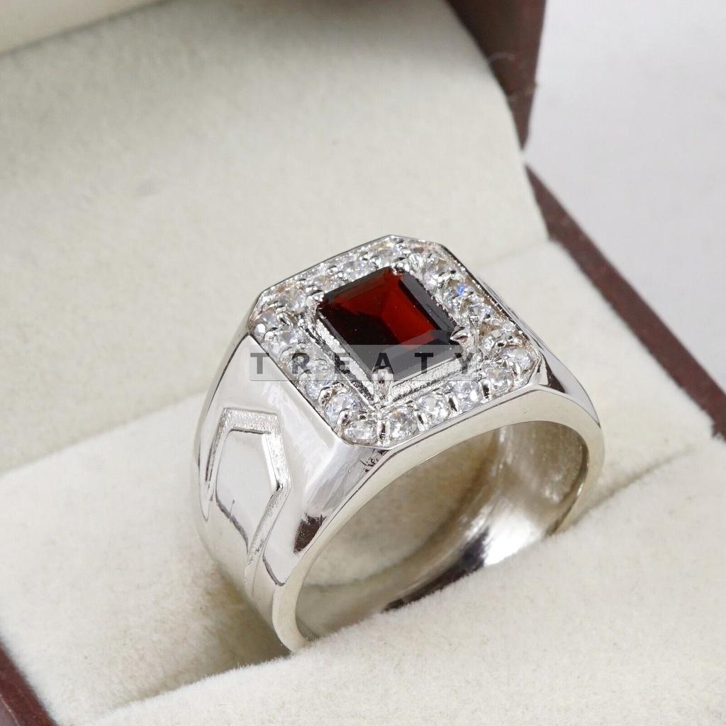 Garnet Emerald Cut Gemstone With 925 Sterling Silver Ring For Men's #B753 JL375692863815