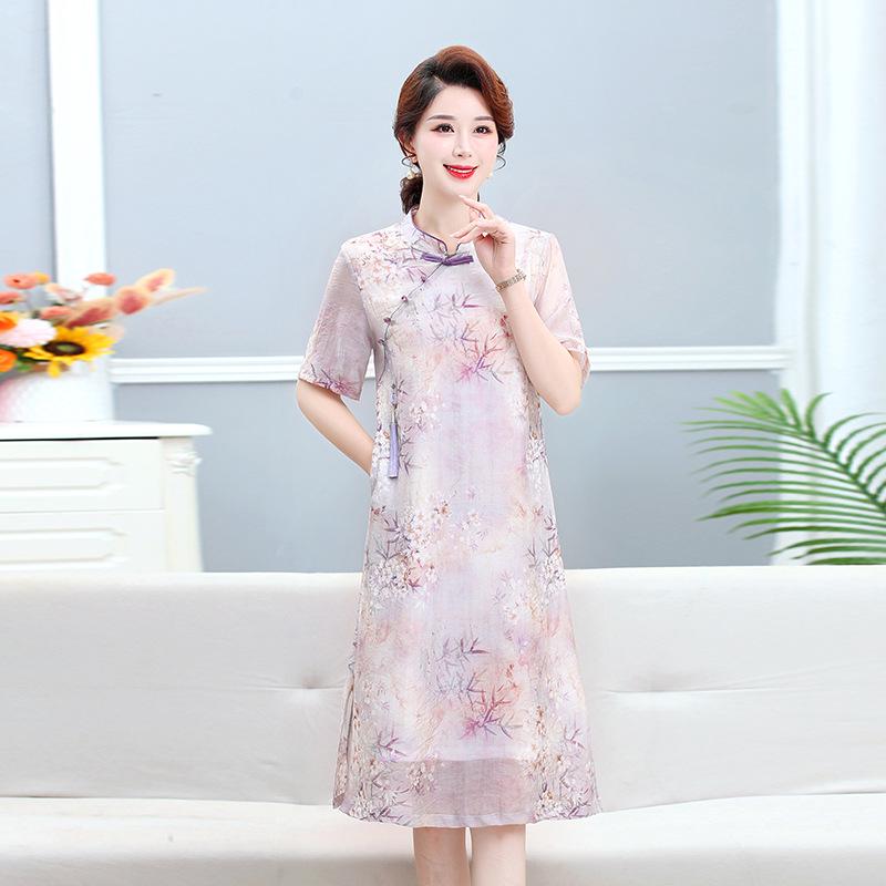 Elegant Summer Cheongsam Dress for Middle-Aged Women