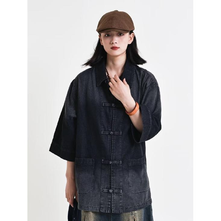 Short Sleeved Shirt Men'S Summer Japanese Retro Loose Casual Five Quarter Sleeved Shirt Trendy Brand Shirt Jacket