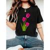 With Pink Tulip Print - Stretch Knit Fabric Sleeve Round Neck Women'S Soft & Skin-Friendly Casual Crew T-Shirt Short Sleeve Tops