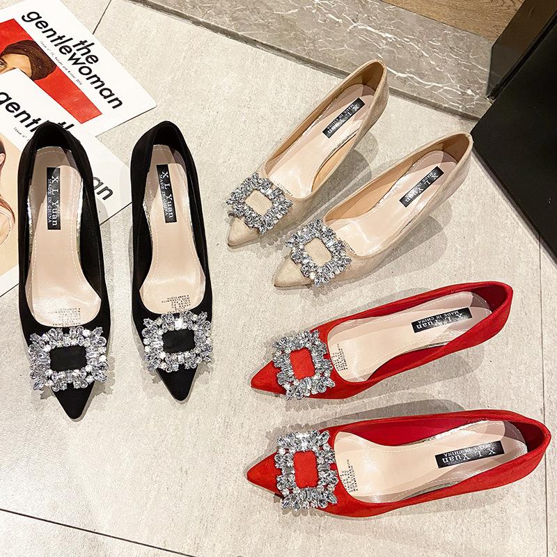 Spring New Rhinestone Square Buckle Pointed High Heels Fashionable Women's Shallow Mouth Stiletto Single Shoes Bridal Wedding Shoes