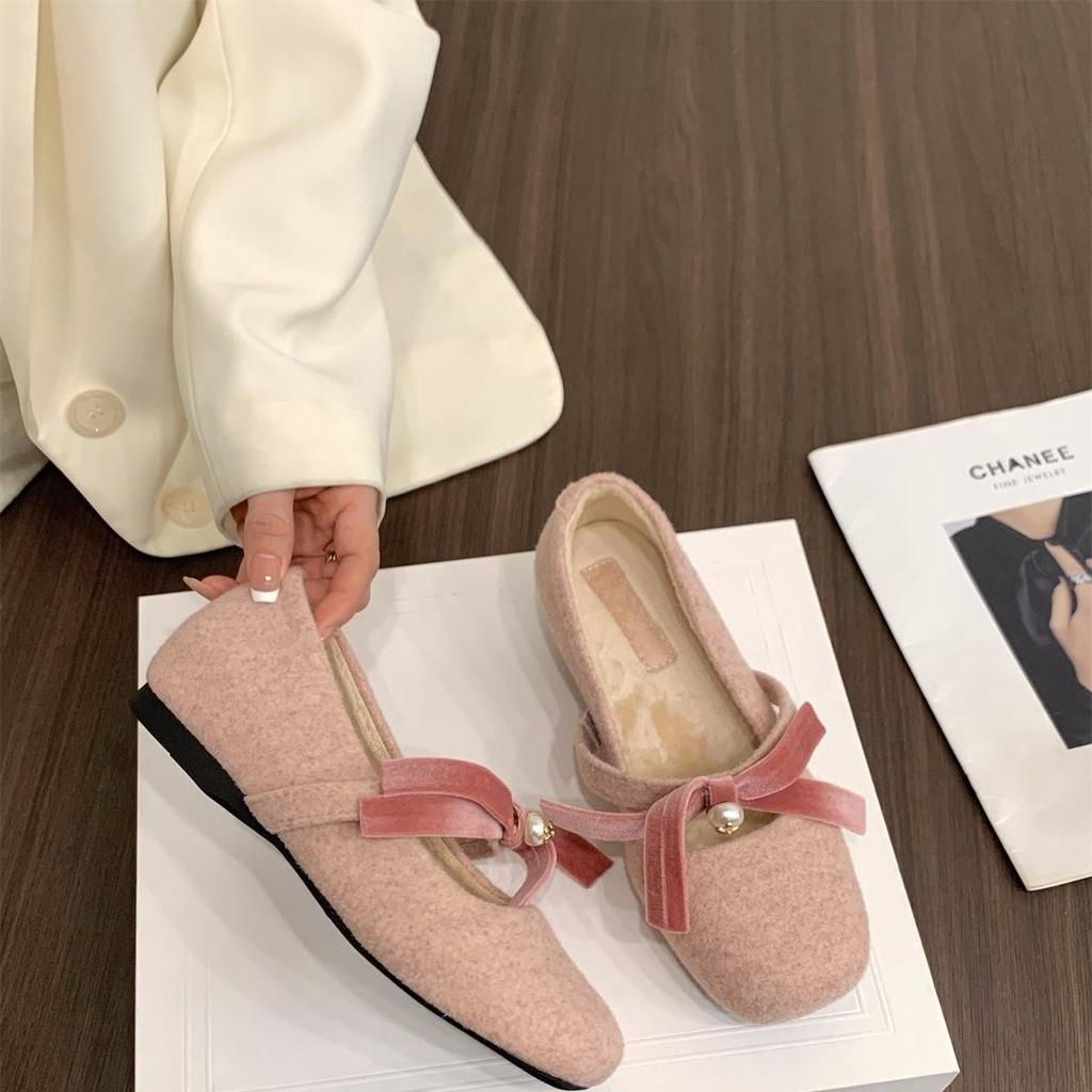 Inner Height Increase Pink Mary Jane Fluffy Shoes Women's Shoes 2024 Autumn and Winter Warm Cotton Shoes Bow Pearl Single Shoes