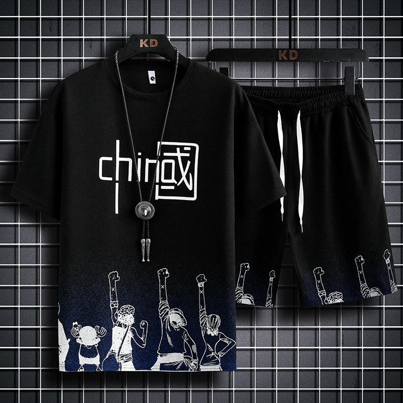 Sommer Herren Zweiteilige Sets Anime Print T-shirt + Shorts Anzüge Gradienten Leinen Stoff Casual Anzug männer Kurzarm trainingsanzug Set