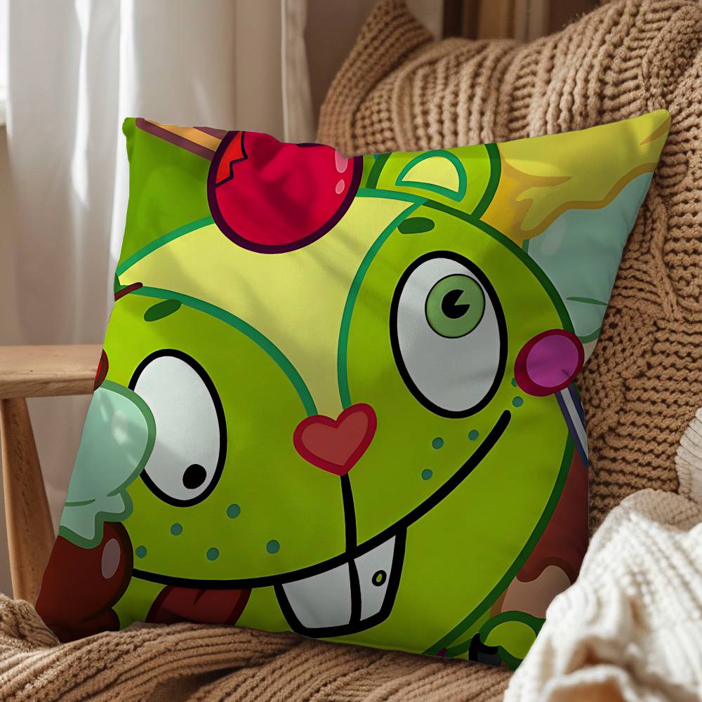 Green Cute Happy HTF Tree Friends Pillow Case Square DoubleSided Printing Short Plush Sofa Cushion Cover Bedroom Bedside Pillow