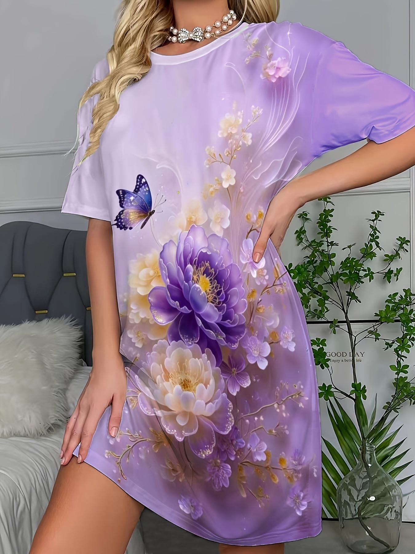 

Loose T-Shirt Dress with Gradient Purple Peony Butterfly Print. Perfect for Women S Casual Home Wear Or Sleepwear S дубильная кора