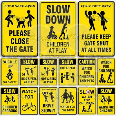 Child Safety Metal Sign Kids Plaque Drive Slowly No Unsupervised Children Swimming Pool Caution Children At Play