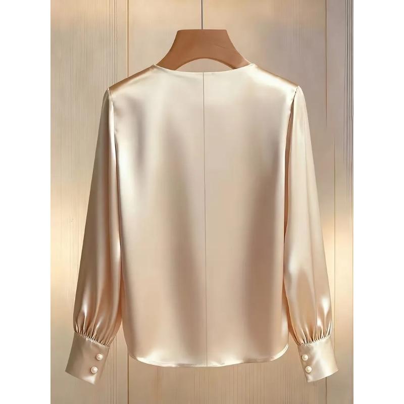 Bluză Satinată cu Mărgele, Decolteu în V, Mânecă Lungă, pentru Femei, Top Elegant Formal
