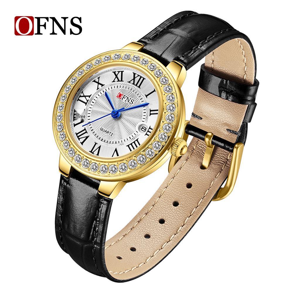 OFNS Women s Fashion Quartz Watch - Diamond-Studded, Roman Numerals, Genuine Leather Strap, Calendar Feature