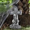 Creepy Cemetery Scene Ornament Halloween Skull Tombstone Stone Look Retro Gothic Resin Skeleton Yard Decoration Crow Gravestone for Outdoor