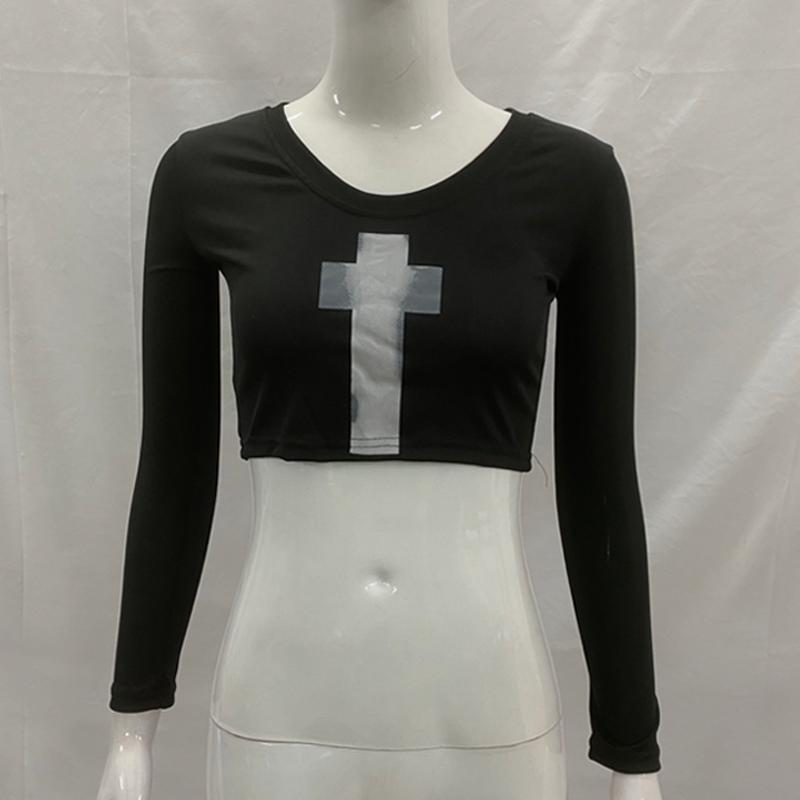 

Осень и зима личность Y2K острая девушка готический стиль с открытым животом женская футболка с длинным рукавом S чёрный