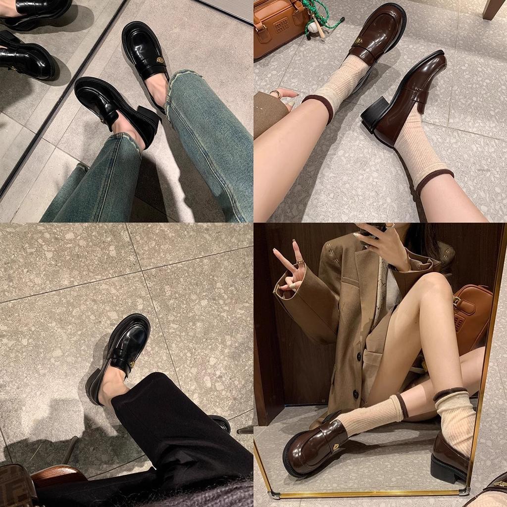 Whole Cowhide~ Grape Mother Versatile Round Head Small Gold Buckle One Pedal Thick Heel Leather Loafers Women's Autumn Small Leather Shoes Women