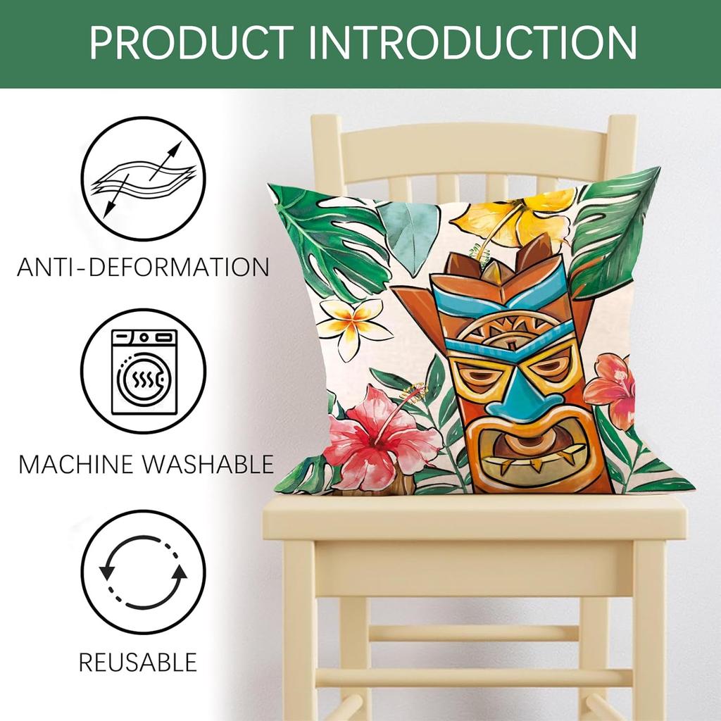 Summer Tiki Palm Leaves Decorative Throw Pillow Covers 18 x 18 Set of 4, Aloha Vibes Only Tropical Hawaii Monstera Porch Outdoor Home Decor, Live