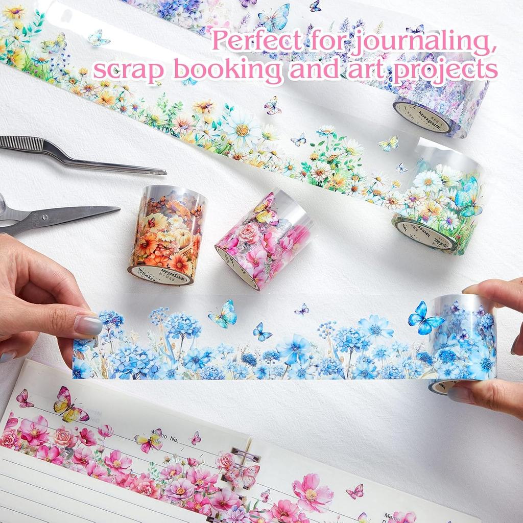 5 Floral Washi Tape Pet Tape Set Flowers Butterfly Scrapbook Junk Journal Supplies,Transparent Decorative Tape Sticker DIY For Art Crafts Bullet
