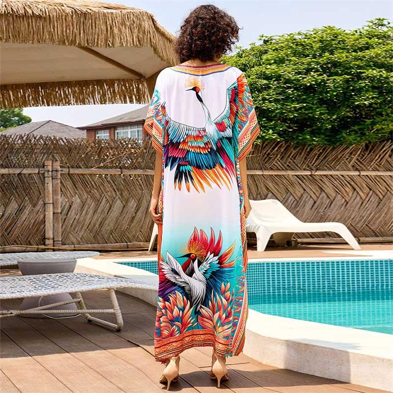 EDOLYNSA Sexy zahalení do plavek Velká velikost Kaftan 2024 Ženy Elegantní jeřábový potisk Plážové šaty s výstřihem do V Netopýr s rukávem Letní útulné domácí oblečení Q16744