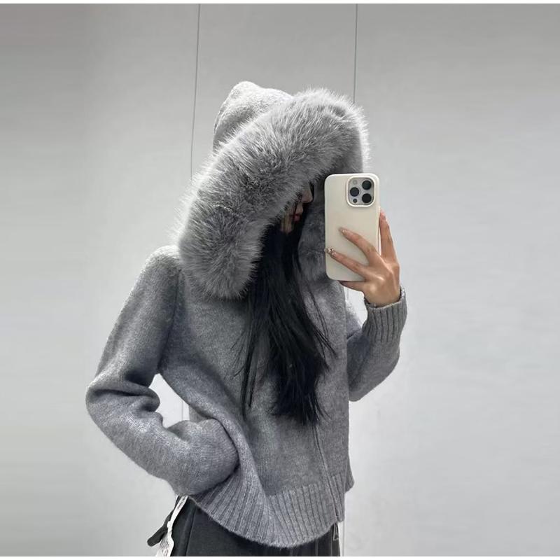Long-sleeved Fur Collar Hooded Sweater Autumn and Winter Inner and Outer Wear Dual-purpose Ladies Solid Color Zipper Blouse Slim Knit Ladies Cardigan