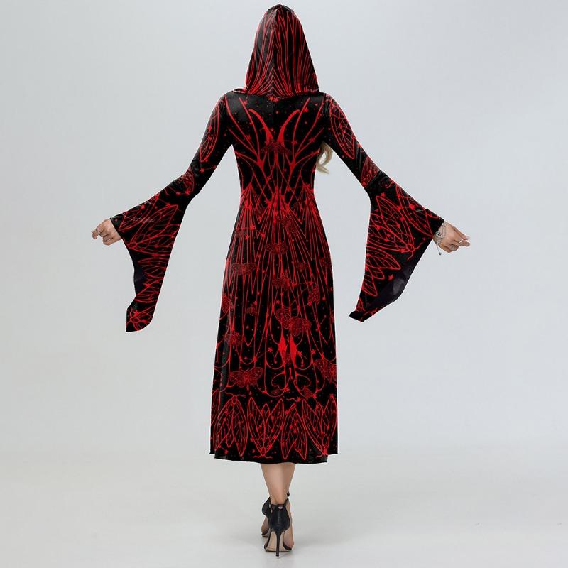 Halloween Witch Hooded Coat Dress Flared Sleeve Dress Digital Printing Dark Wind Dress Women