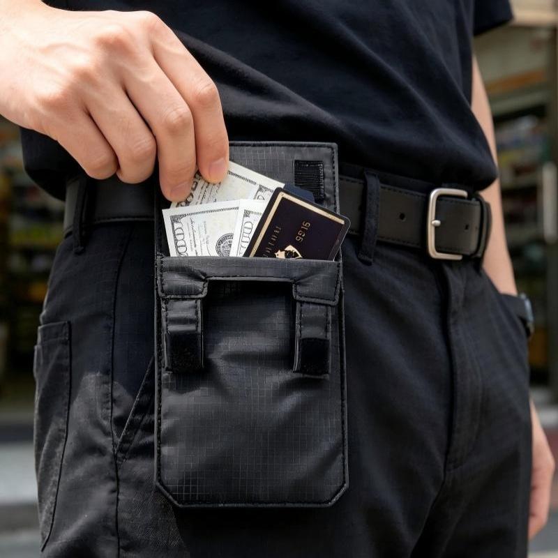 Slim Portable Anti-Theft Belt Wallet Black Hook-and-Loop Clip Hidden Pocket for Travel Outdoor Activities Daily Use