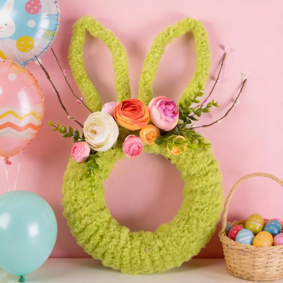 Easter Bunny Wreath for Front Door Yarn Wrap Rabbit Shaped Wreath with Artificial Flowers for Spring Porch Wall Window Indoor Outdoor Decor
