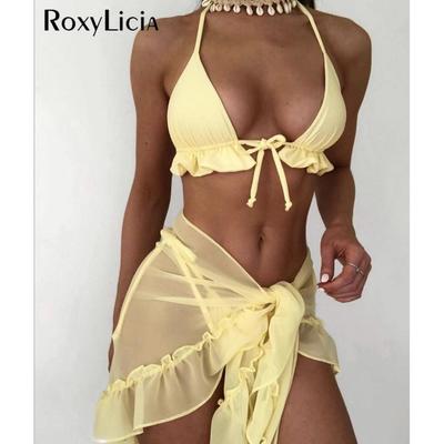 Yeni Malaya peştemâli Halter Ruffled Bikini Kadın Mayo Kadın Mayo Üç parçalı Bikini seti Yüzücü Mayo Yüzmek Bayan