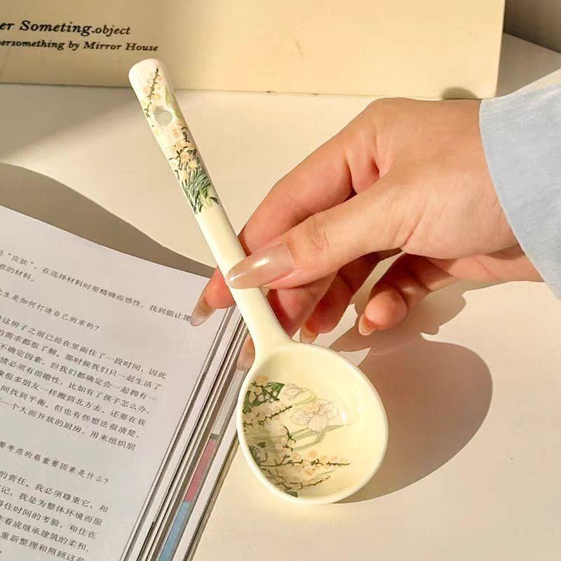 High-value long-handled ceramic spoon, household soup spoon, cute high-value coarse pottery spoon ins wind