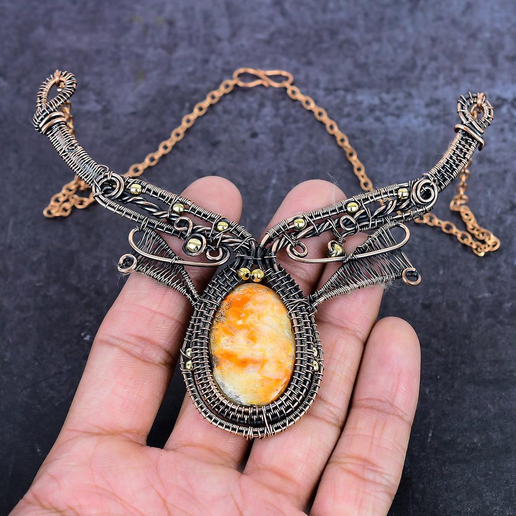 Bumble Bee Jasper Gemstone Handmade Copper Wire Wrap Jewelry Necklace 18" ET-4956