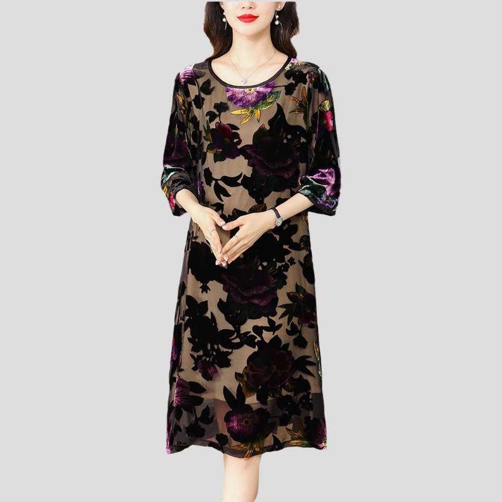 Spring and Summer Women's Plus Size Dress Loose Retro Round Neck Velvet Dress A-Line Long Floral Dress