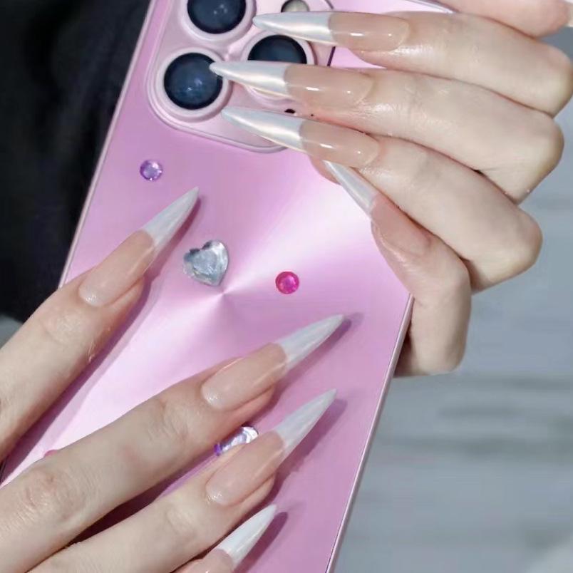 WM-79 Pearl French Elegant Long Pointed False Nails - 24 Piece Set with Stickers Glue version