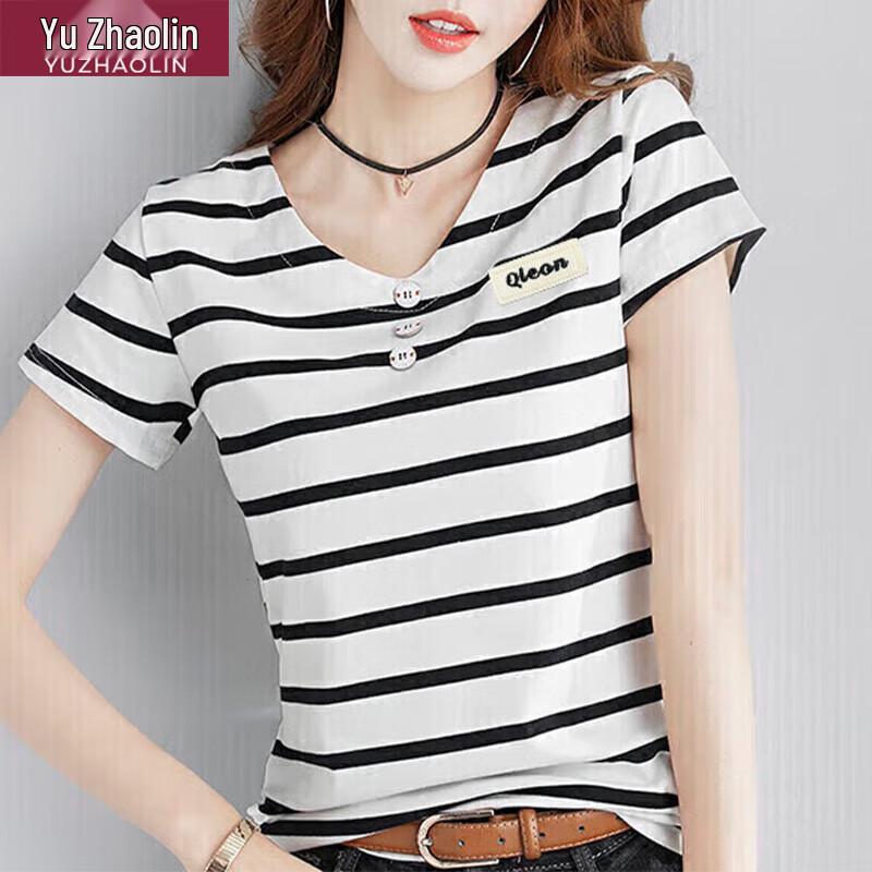 Yuzhaolin Women's Korean Style Striped Loose T-Shirt