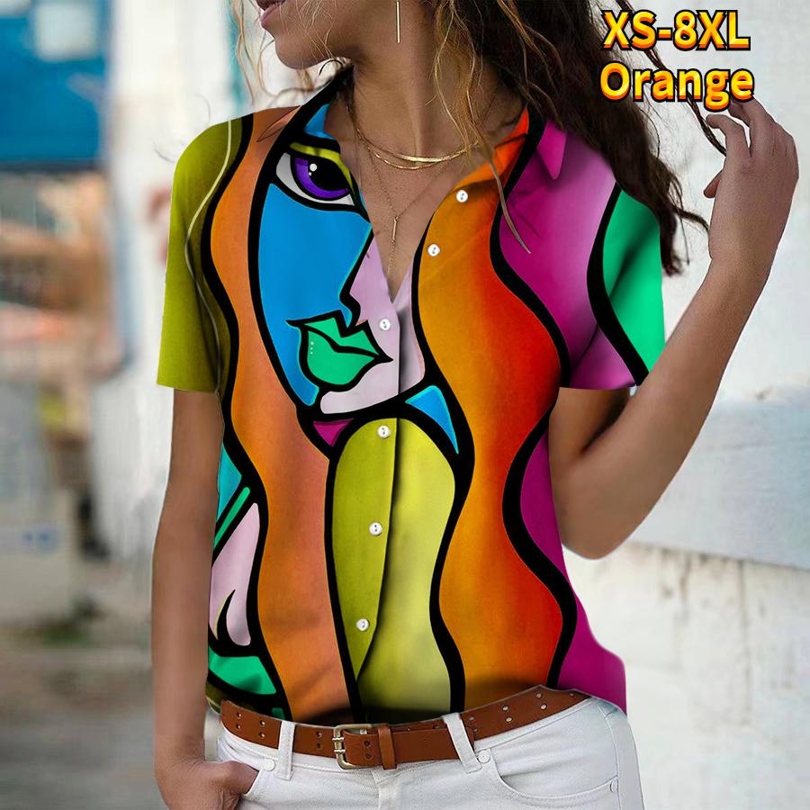 

Лето 2025 Новая Мода Женская Повседневная Рубашка Топ с Коротким Рукавом и V-образным Вырезом на Пуговицах с Абстрактным Принтом 8XL оранжевый