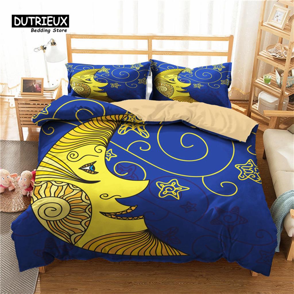 Sun And Moon Duvet Cover Exotic Galaxy Stars Bedding Set Microfiber Astrology Comforter Cover Queen For Kids Boys Teens Bedroom