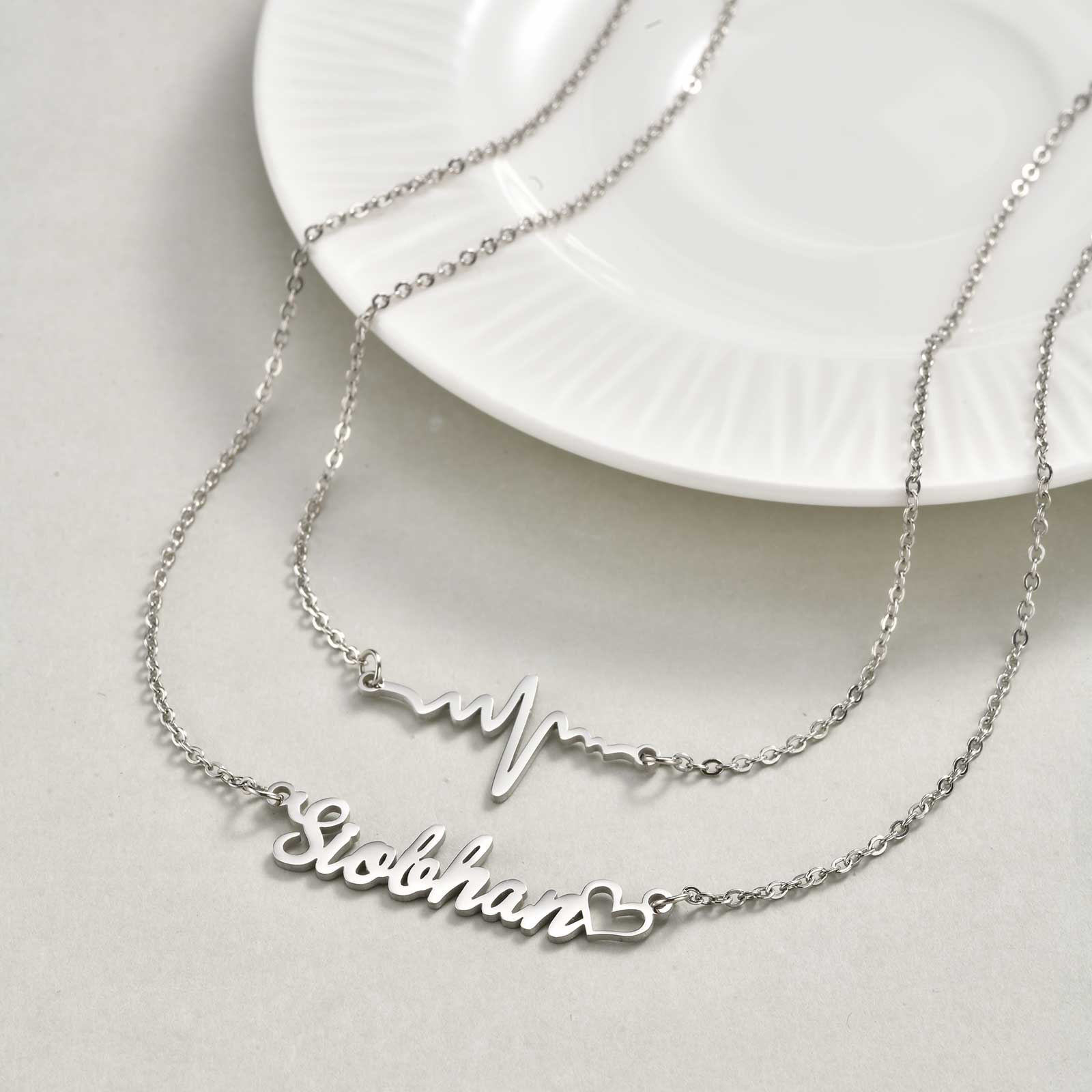 

Double-Layer Free Customized Name ECG Cross Necklace for Women Rolo Chain Stainless Steel Necklaces,Personalized Jewelry Gift 40-45CM