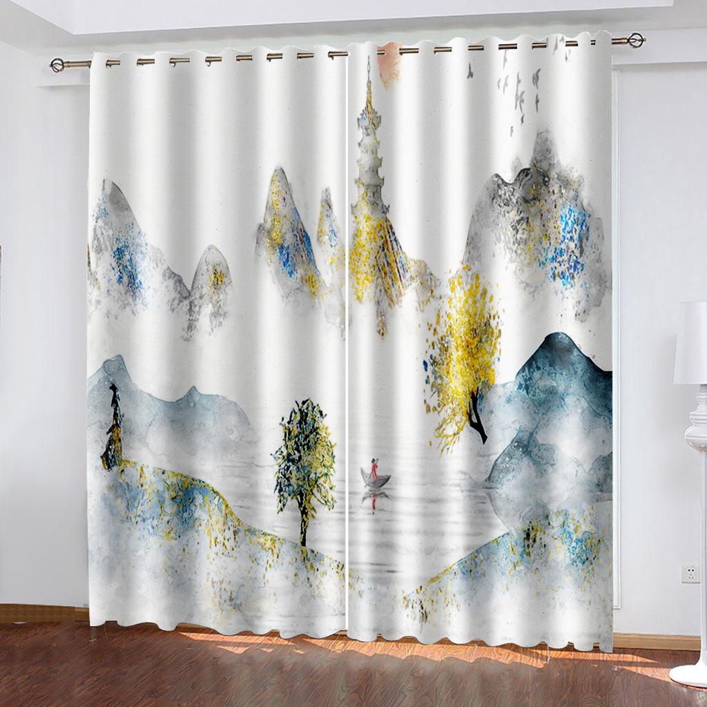 3D Chinese Style Ink Painting Series Luxury Home Sunshade Curtains 2 Pieces of Living Room Bedroom Decoration Hook Punch