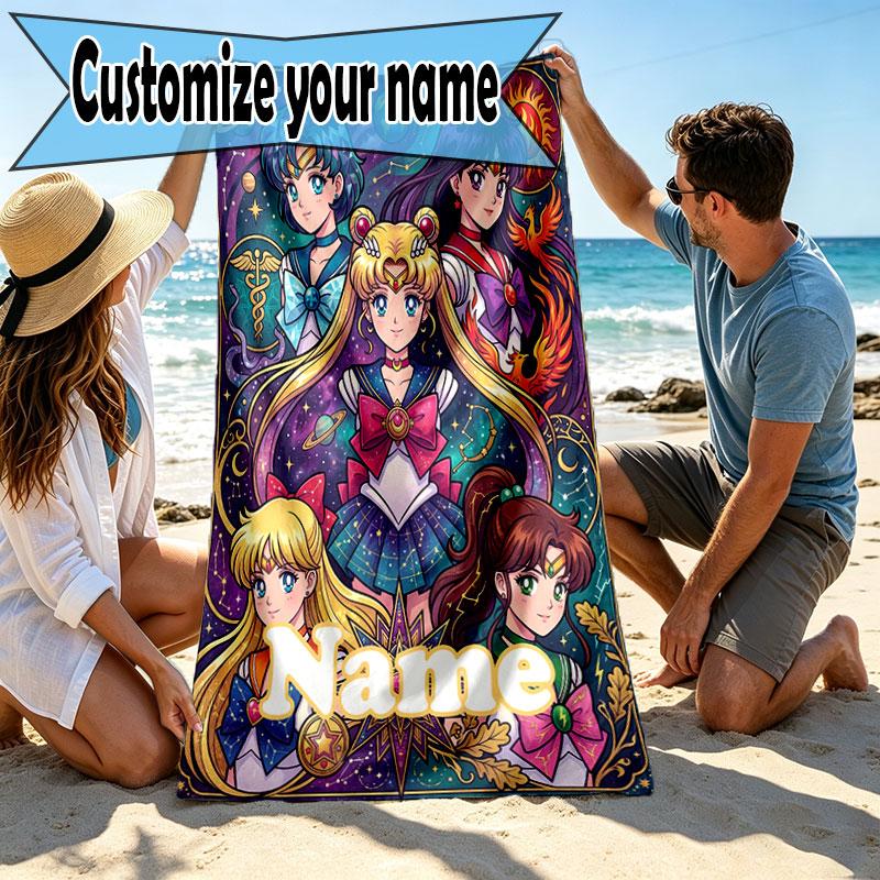 Custom Name Personalized Sailor Moon Print Beach Towel, for Trip Camping Beach Party Home Decor, Birthday Gift for Family & Friends