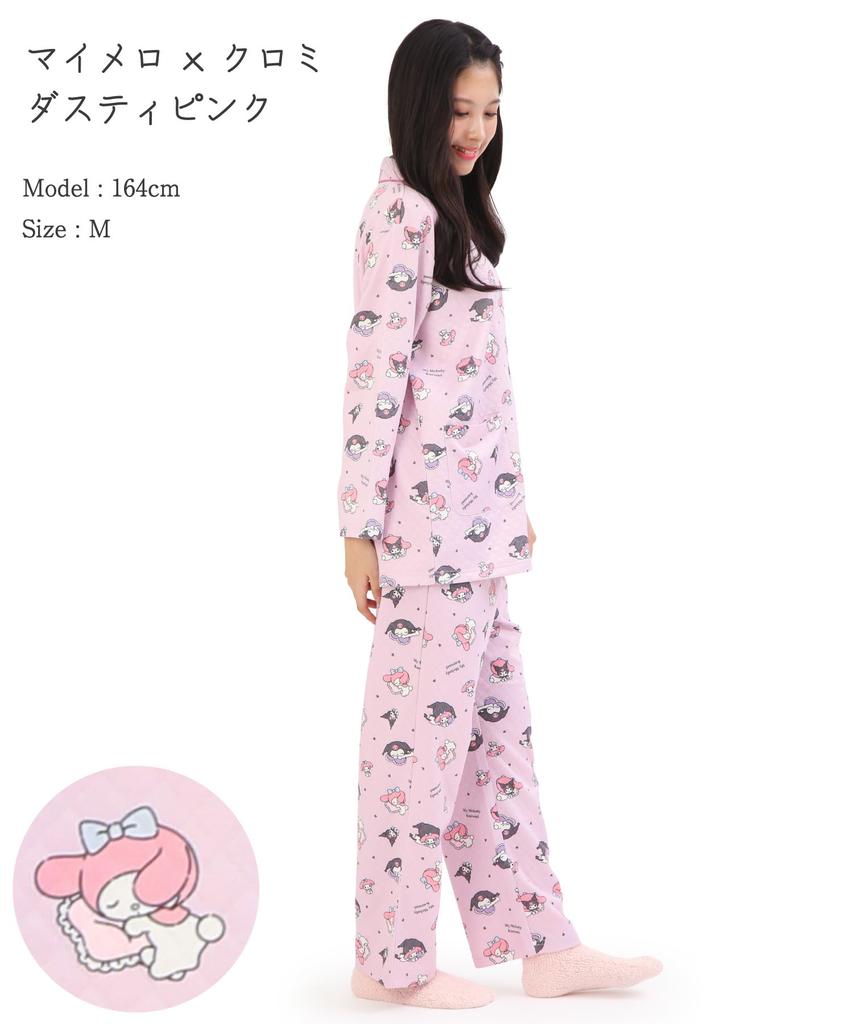 SAZAC My Melody Kuromi Pajamas for Dreamy My Melody X Long Shirt Knit Quilted Top and Bottom Long Loungewear Women, Kuromi, Sleeve, Open-Front,