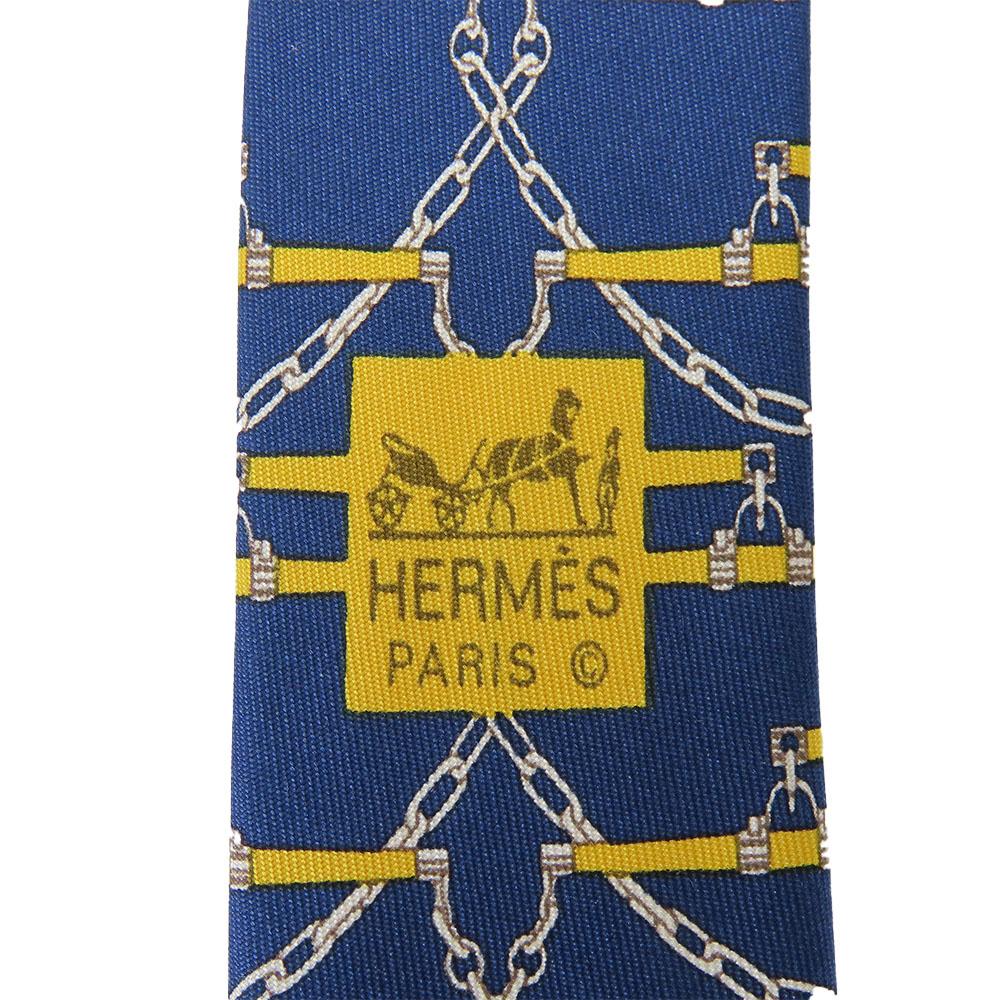 Used HERMES Tie Silk Navy Yellow Overall Handle