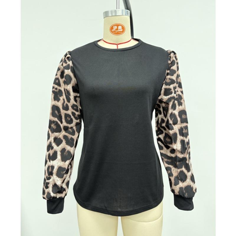 Women Long Sleeve Round Neck Leopard Print Casual T Shirt
