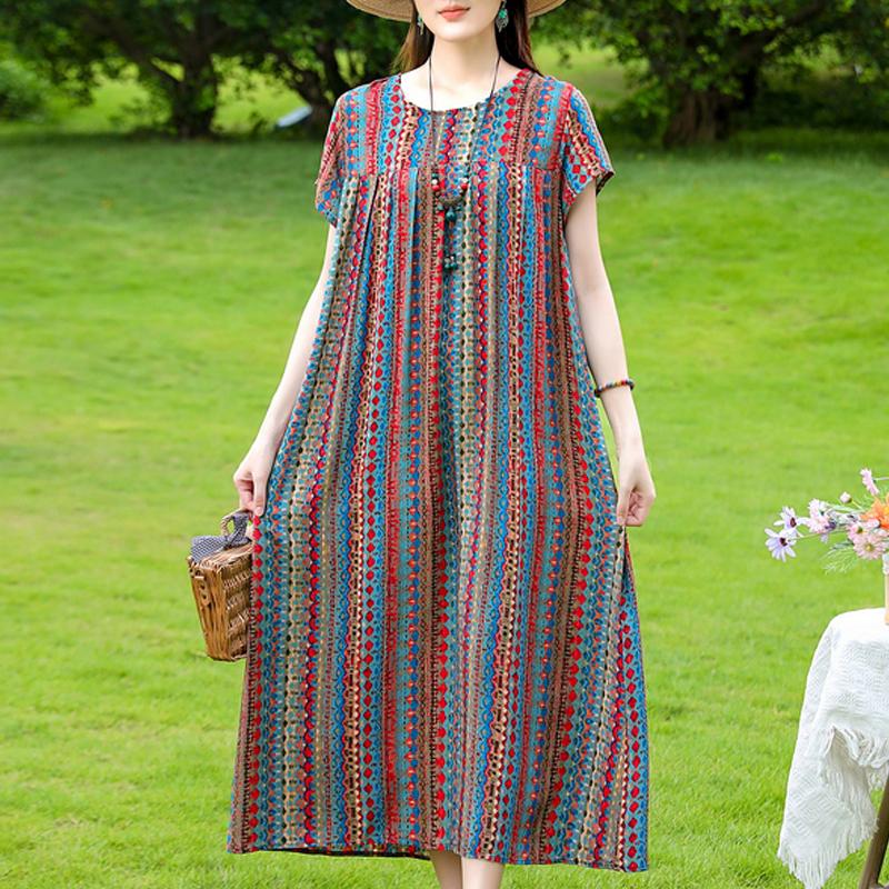 Damen Plus Size Boho-Print Maxikleid, Kurzarm Freizeit-Sonnenkleid (XL-5XL)