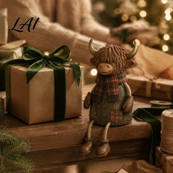 Decorative Figurine for Mantle Christmas Highland Cow Figurine Cute Ornament with Retro Plaid Clothing Farmhouse Holiday Tabletop Shelf And