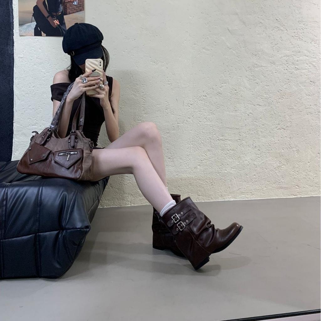 2025 New Pleated Stacking Boots Thick Heel Belt Buckle Loose Large Tube Circumference Women's Boots Summer Popular Super Fire Trouser Tube Boots