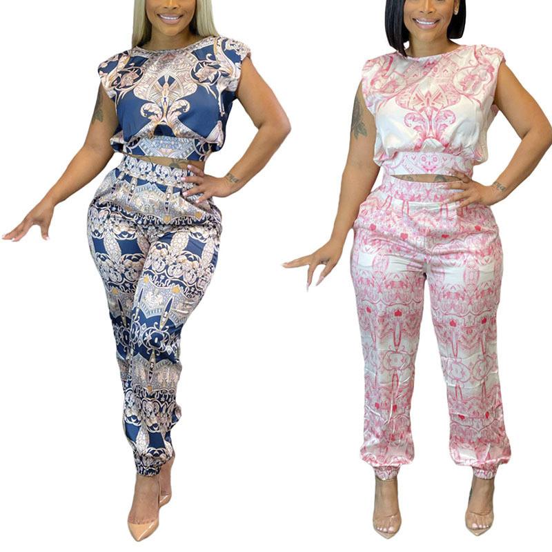 

Women Elegant Fashion Casual Party Print Sleeveless Tank Top Long Pants Clothes Set