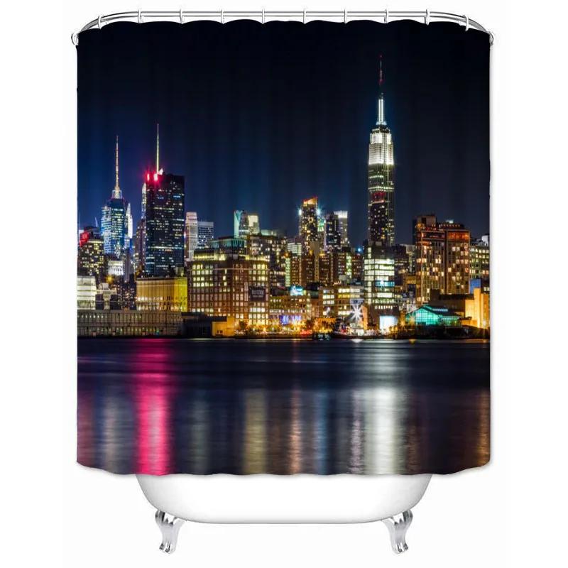 New York City Skyline Building Night View Shower Curtain Modern Bathroom Curtain Polyester Fabric Bath Curtain With Hooks