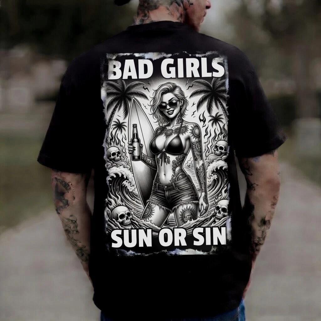 Bad Girls Sun Or Sin Black Graphic T-Shirt Beach Tattoo Edgy Tee XXXXL