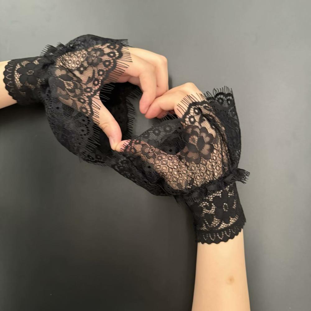 1 Pair Lace Ruffles Fake Cuffs Multi Layer Floral Pattern Fake Sleeve Pleated Flare White Black False Gloves чёрный