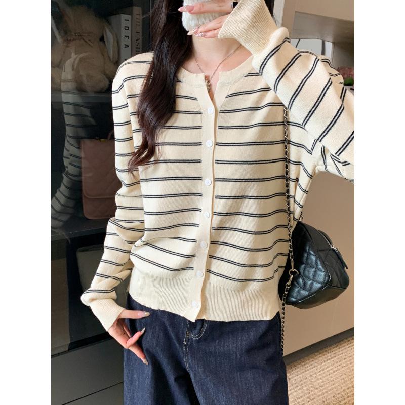 2025 Autumn/Winter Women's Korean Striped Knit Cardigan Sweater