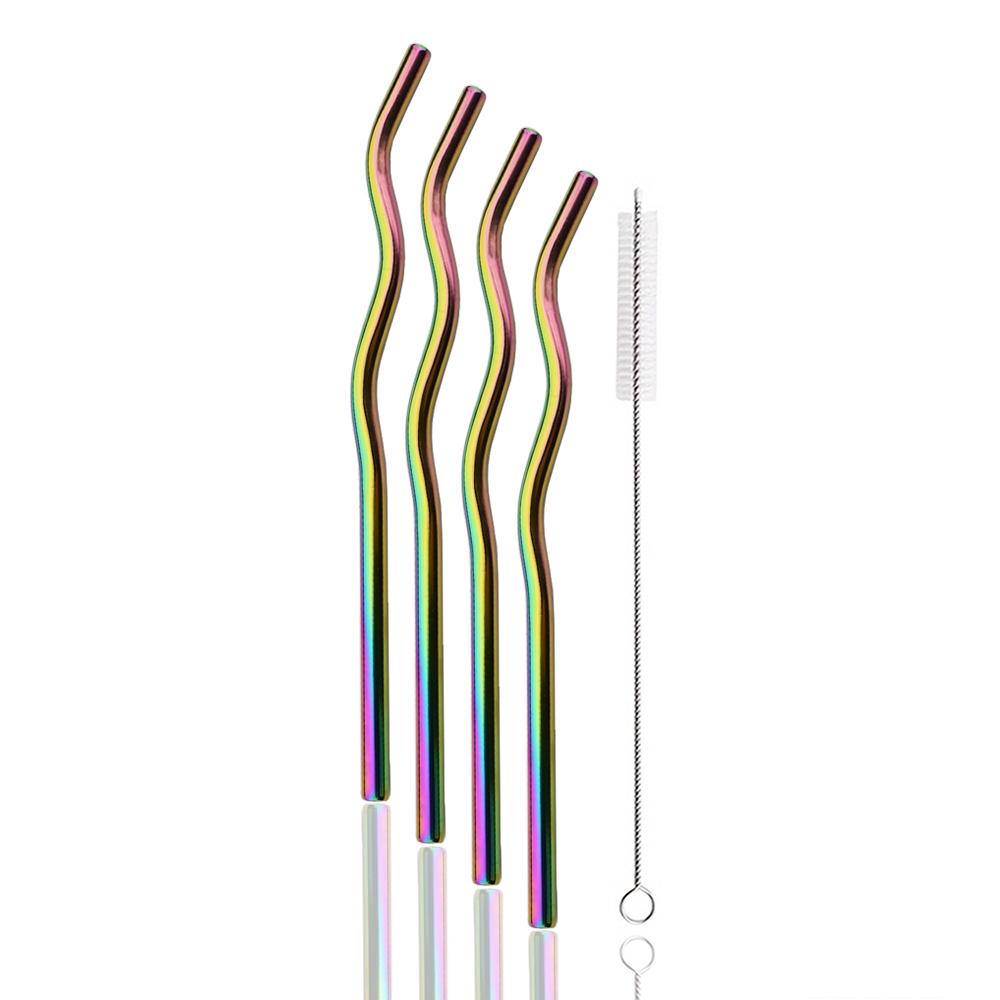8*235mm Wave Reusable Coloful Straw Set 304 Stainless Steel Straw Bent Drinking Straw With Cleaning Brush Home Bar Accessory