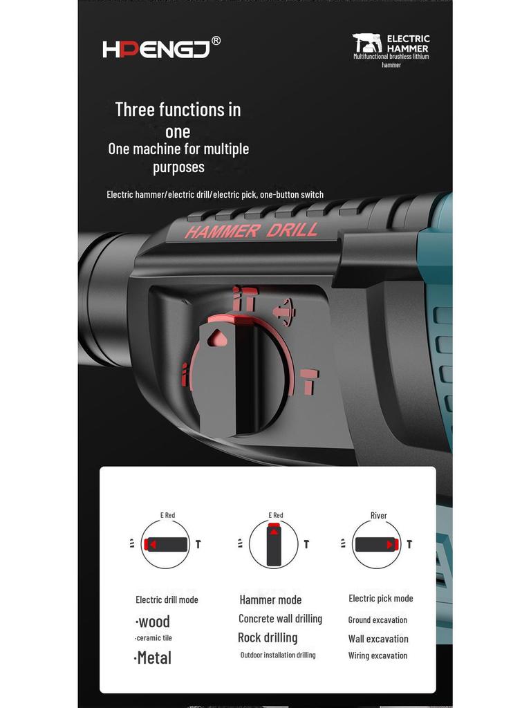 Ciocan rotopercutor electric reîncărcabil fără perii 21V, Impact wireless pentru beton de mare capacitate, Ciocan electric cu litiu cu dublă utilizare